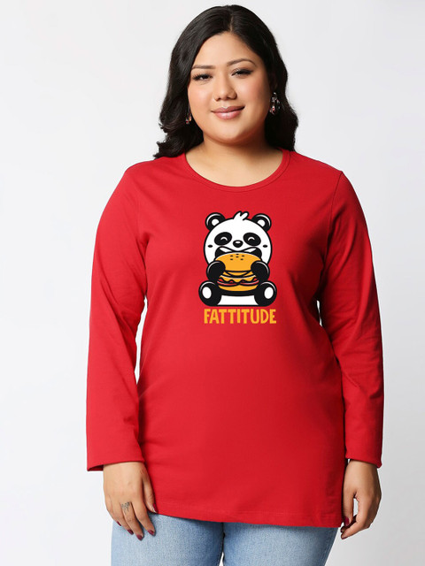 

Bewakoof Women Red Printed Round Neck Plus Size Longline T-shirt