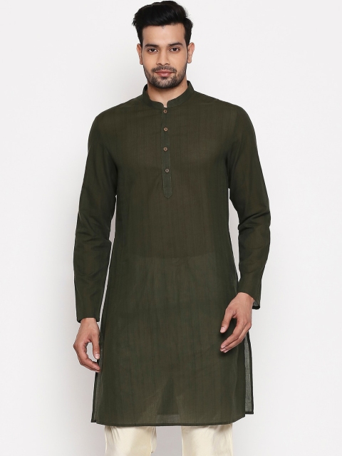 

Indus route by pantaloons Men Olive Green Striped Straight Kurta