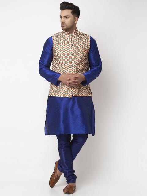 

Benstoke Men Blue Solid Kurta & Churidar with Waistcoat