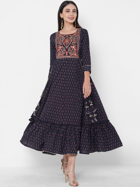 FASHOR Women Navy Blue Printed & Embroidered Ethnic Maxi Dress