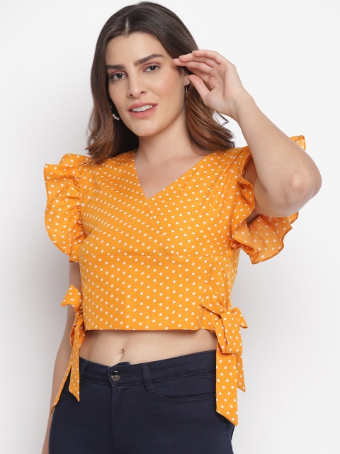 

Capybara Yellow Polka Dot Printed Crop Wrap Top