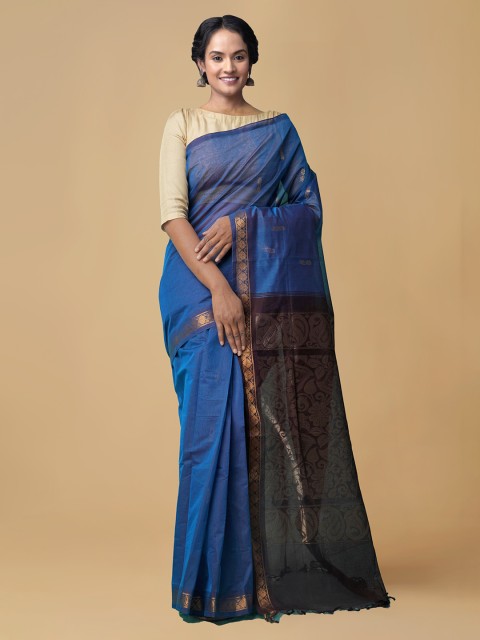 

Unnati Silks Navy Blue Pure Cotton Woven Design Garad Handloom Saree