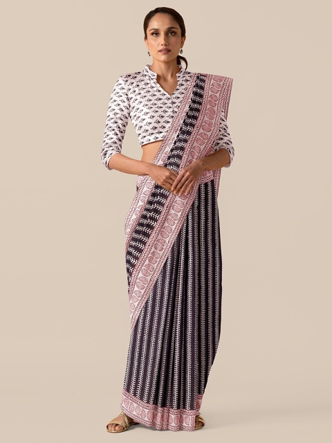 

Taneira Black & Off-White Pure Cotton Printed Block Print Saree