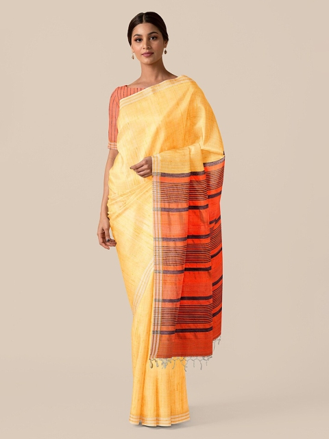 

Taneira Yellow & Orange Pure Silk Solid Bhagalpuri Saree