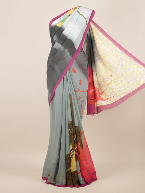 

Pothys Grey Printed Poly Chiffon Saree