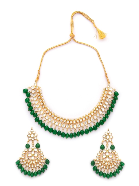 

Rubans Gold-Plated White & Green Kundan-Studded Beaded Handcrafted Jewellery Set