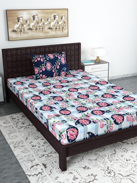 

Divine Casa Pink & Blue Floral 180 TC Cotton 1 Single Bedsheet with 1 Pillow Covers