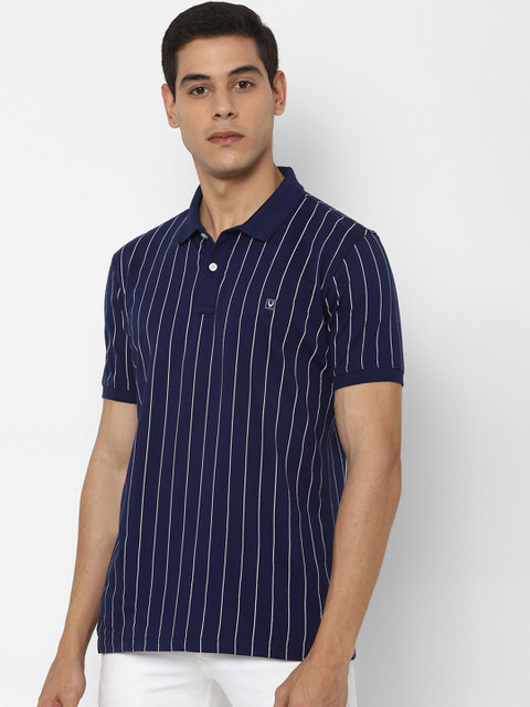 

Allen Solly Sport Men Navy Blue White Striped Polo Collar Cotton Pure Cotton T-shirt