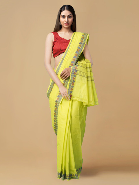 

Unnati Silks Lime Green Pure Cotton Solid Handloom Venkatgiri Saree
