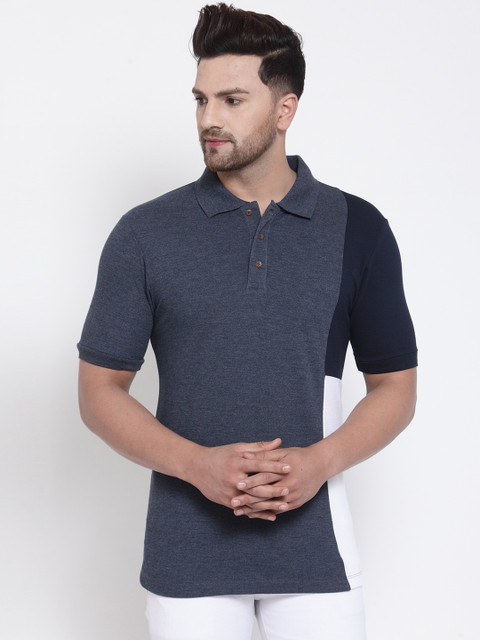 

Kalt Men Blue Striped Polo Collar T-shirt