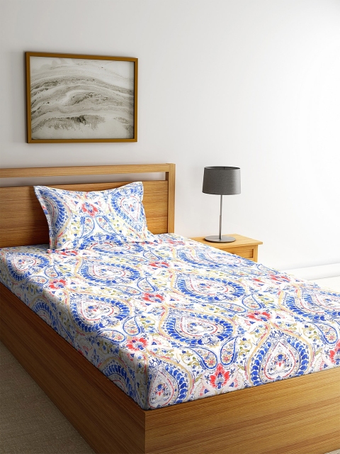 

BOMBAY DYEING White & Blue Ethnic Motifs Cotton 1 Single Bedsheet with 1 Pillow Covers