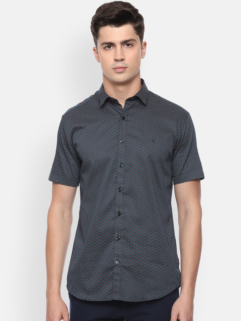 

V Dot Men Navy Blue Slim Fit Printed Casual Cotton Shirt