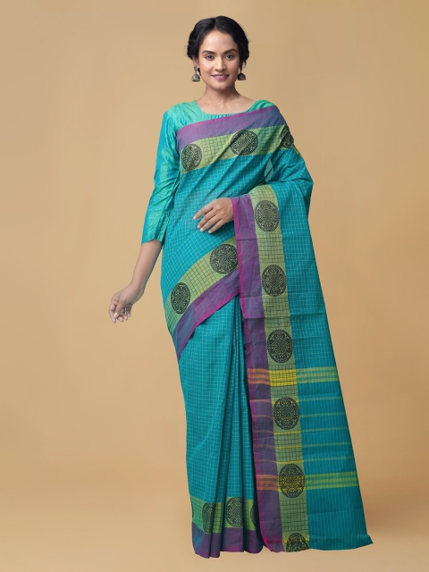 

Unnati Silks Blue & Yellow Pure Cotton Checked Chettinad Saree