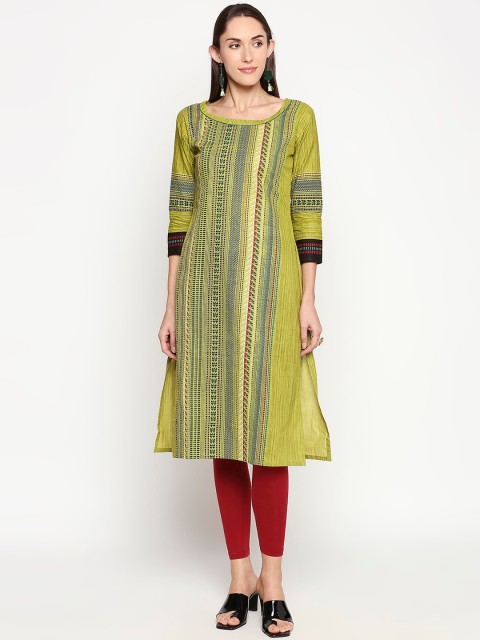 

SALWAR STUDIO Women Green Striped Handloom Kurta