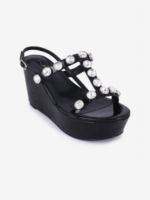 

LYN Women Black Embellished Platform Heels