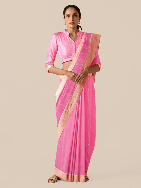 

Taneira Pink Silk Cotton Woven Design Chanderi Saree