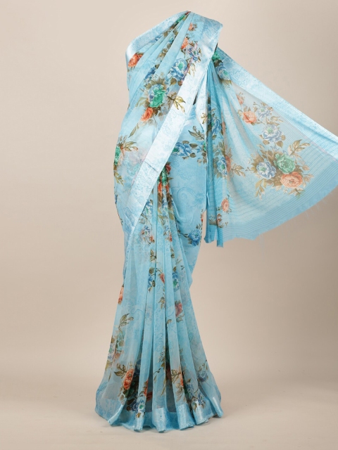

Pothys Blue Floral Printed Poly Chiffon Saree