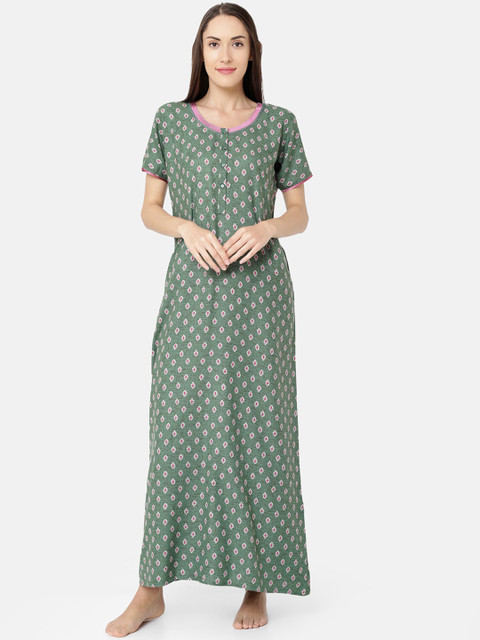 

Sand Dune Green & Pink Printed Nightdress 8101