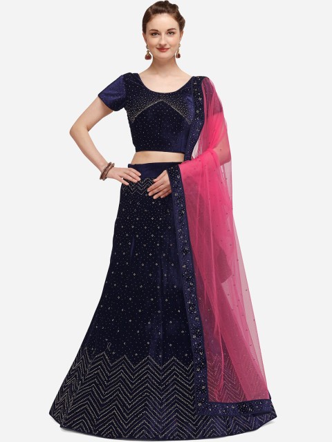 

NAKKASHI Navy Blue & Pink Embellished Unstitched Lehenga & Blouse with Dupatta