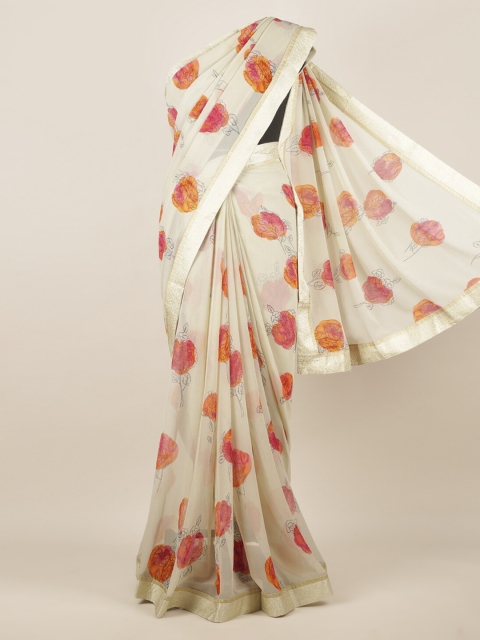 Pothys Cream-Coloured Printed Poly Chiffon Saree