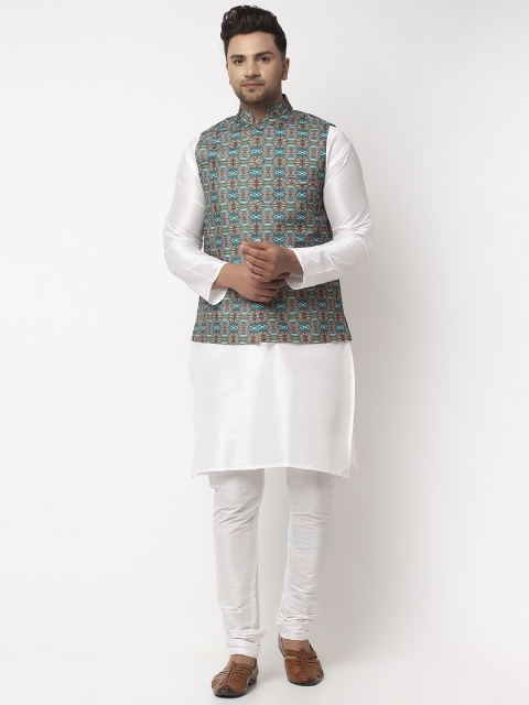 

Benstoke Men White & Green Solid Kurta with Churidar & Nehru Jacket