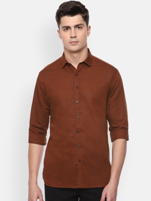 

V Dot Men Brown Slim Fit Solid Pure Linen Casual Shirt
