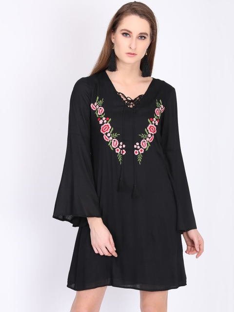 

DODO & MOA Women Black Embroidered A-Line Dress
