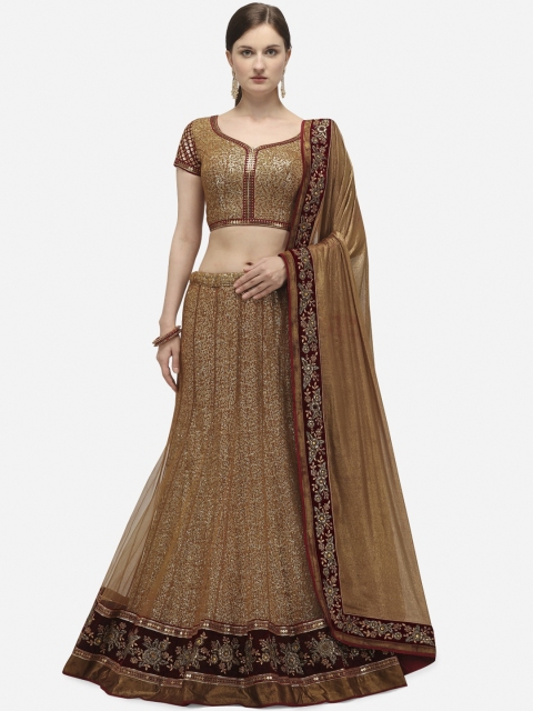 

NAKKASHI Maroon & Khaki Embellished Unstitched Lehenga & Blouse with Dupatta