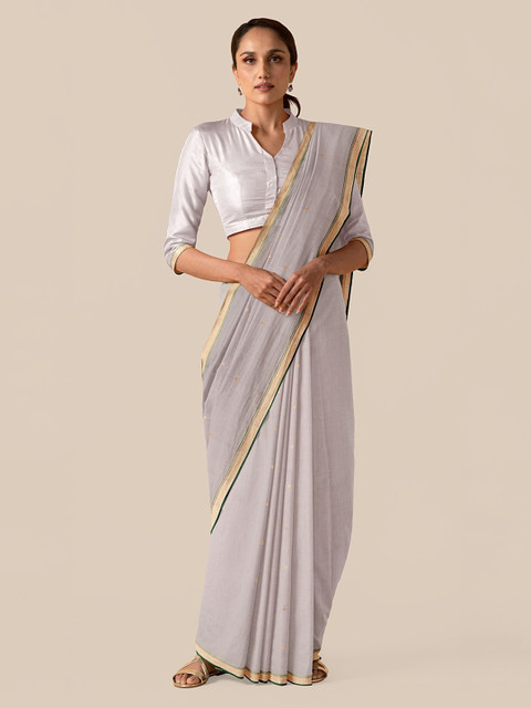 

Taneira Grey & Gold-Toned Silk Cotton Woven Design Chanderi Saree