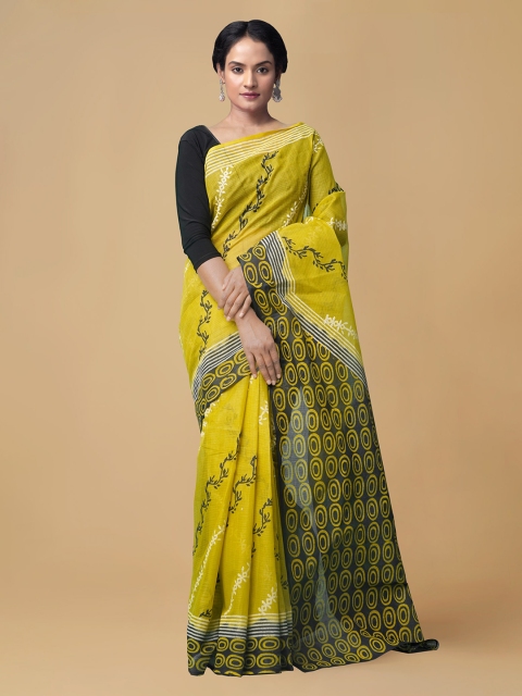 

Unnati Silks Yellow Organza Hand Block Printed Kota Saree