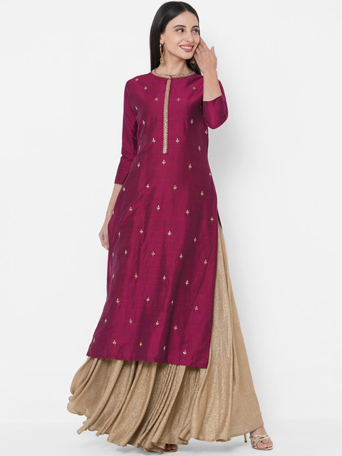 

Fashor women pink ethnic motifs embroidered thread work kurta