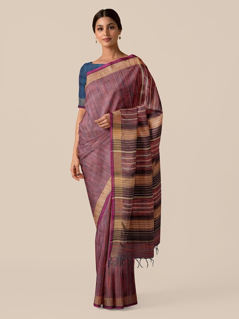 

Taneira Brown & Blue Pure Silk Striped Bhagalpuri Saree