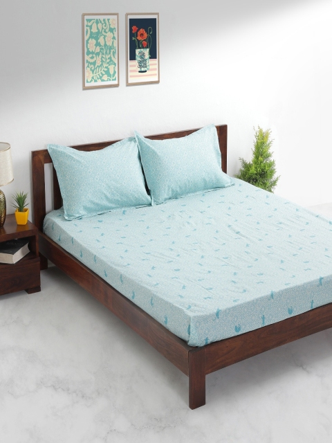 

Chumbak Turquoise Blue & White Conversational 144 TC Cotton 1 Queen Bedsheet with 2 Pillow Covers