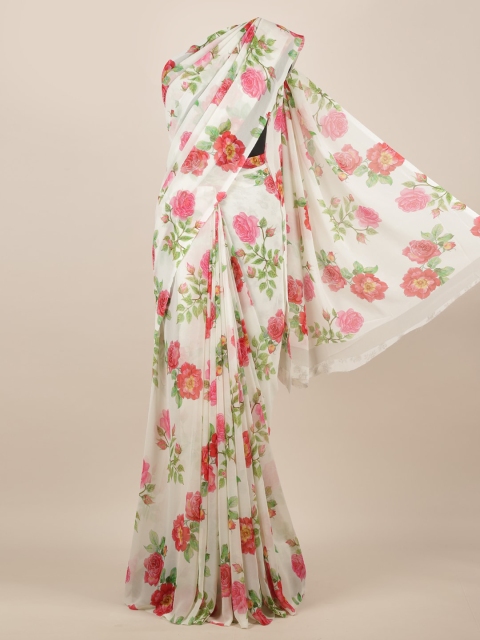 

Pothys Cream-Coloured & Pink Poly Chiffon Printed Saree