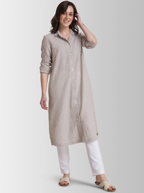

FableStreet Women Beige & White Striped Kurta with Trousers