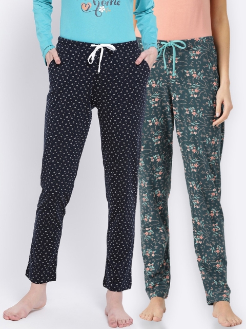 

Kanvin Women Pack of 2 Green & Navy Blue Printed Lounge Pants
