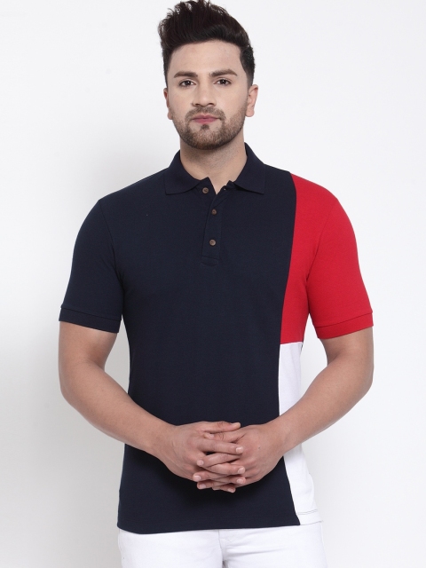 

Kalt Men Navy Blue & Red Colourblocked Mandarin Collar T-shirt