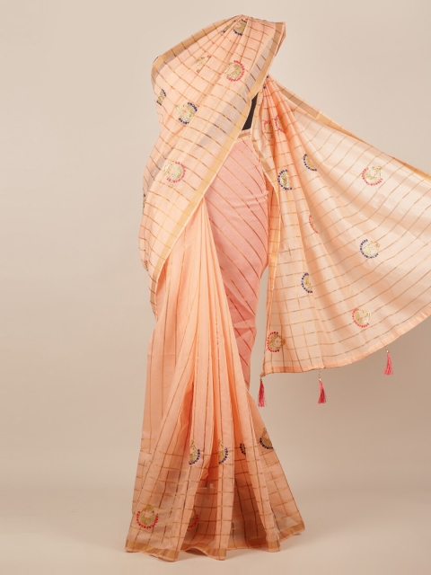 

Pothys Peach-Coloured Checked Jute Silk Saree