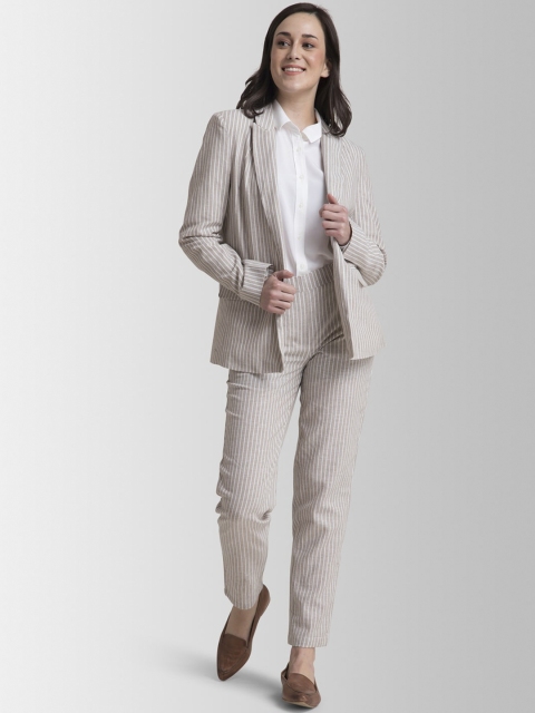 

FableStreet Women Beige Solid Striped Jacket and Pant