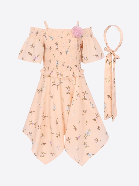 

CUTECUMBER Girls Peach-Coloured Printed Fit and Flare Dress With Matching Hairband