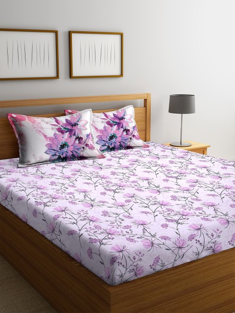 

BOMBAY DYEING White & Purple Floral 160 TC Cotton 1 King Bedsheet with 2 Pillow Covers