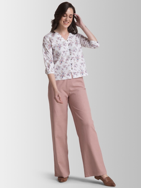 

FableStreet Women White & Beige Printed Top with Trousers