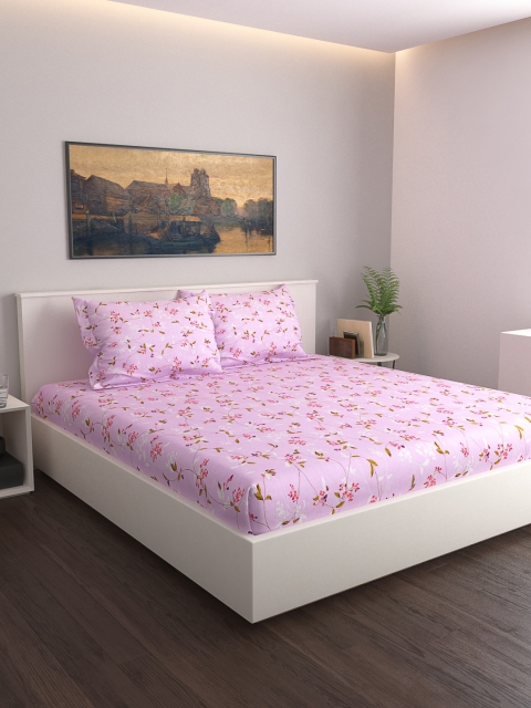 

GRES HOME Pink & Purple Floral 120 TC Cotton 1 Queen Bedsheet with 2 Pillow Covers