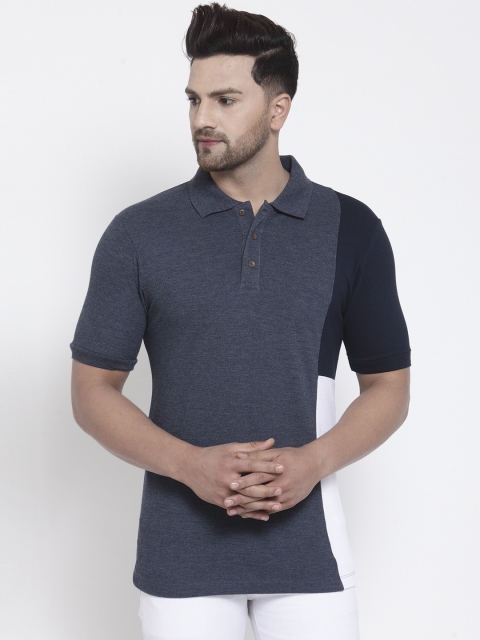 

Kalt Men Blue Striped Polo Collar T-shirt