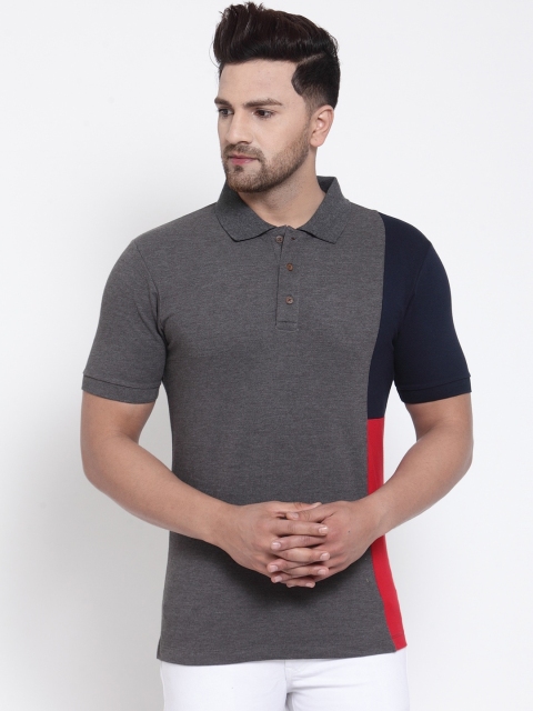 

Kalt Men Grey & Black Colourblocked Polo Collar T-shirt