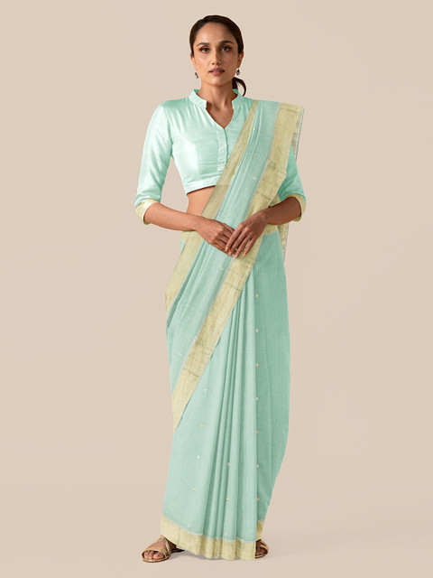 

Taneira Green & Gold-Toned Silk Cotton Solid Chanderi Saree