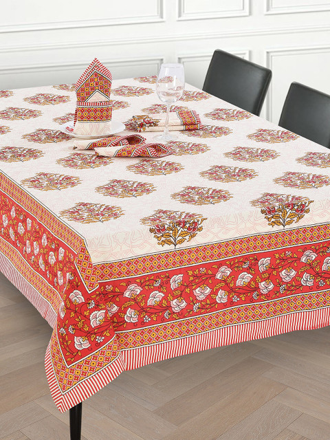 

Salona Bichona Set of 7 White & Peach-Coloured Printed Cotton Dining Table Cover With Napkins