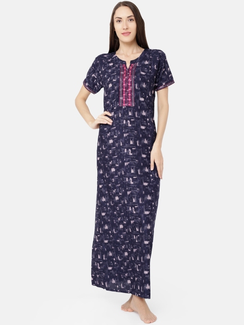 

Sand Dune Navy Blue & Pink Printed Nightdress