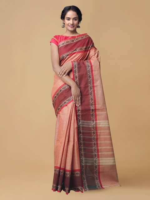 

Unnati Silks Red Pure Cotton Striped Handcrafted Chettinad Saree