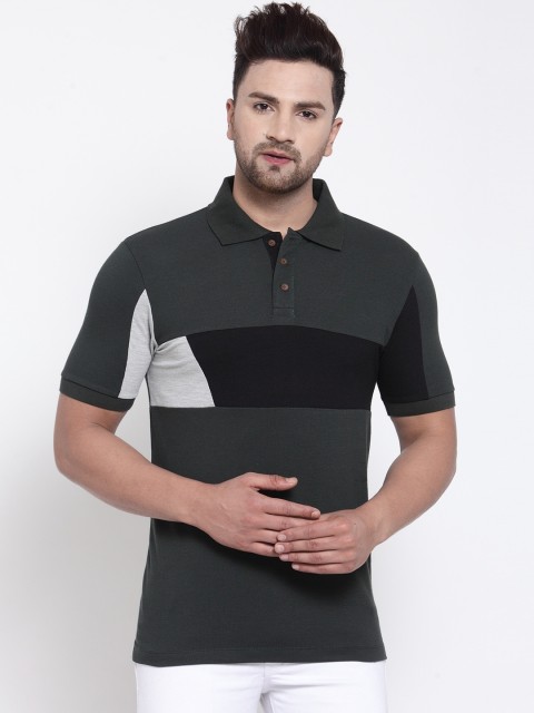 

Kalt Men Charcoal Grey & Black Colourblocked Polo Collar T-shirt